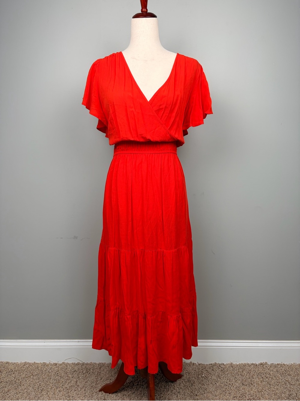 Knox Rose XL Orange Red Tiered Midi Dress Flutter Sleeve Faux Wrap Boho NWT